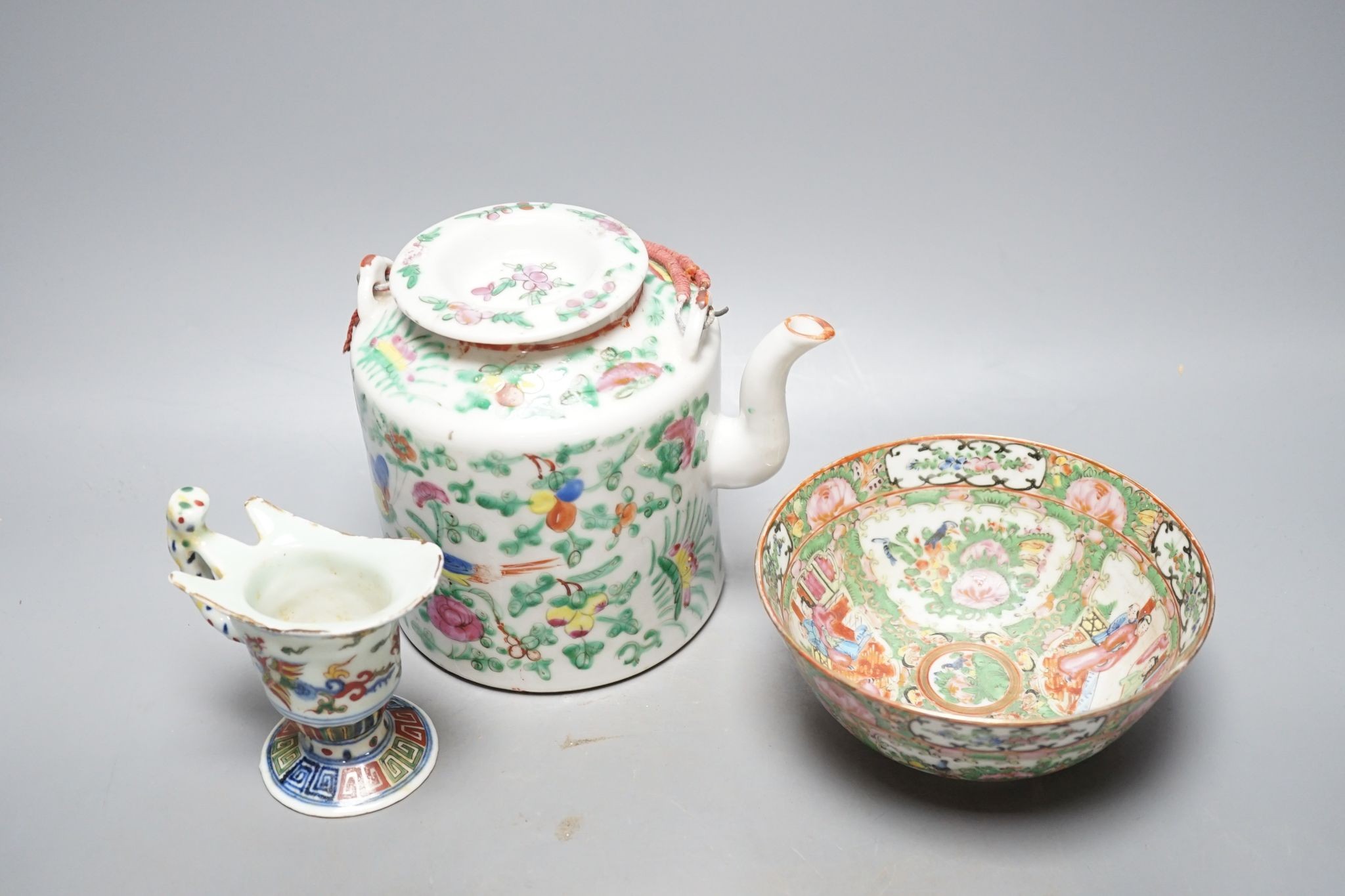 A Chinese famille rose teapot, a similar bowl and an enamelled porcelain jug (3)
